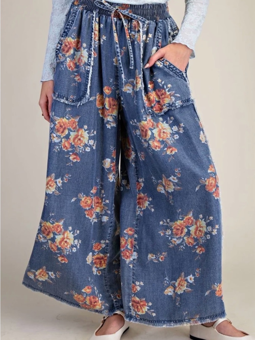 easel Blue Wide-Leg Floral Pull-On Pants